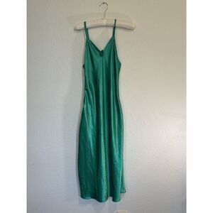 VTG Val Mode Emerald Satin Slip Dress S/M Rose Applique Old Hollywood 90s